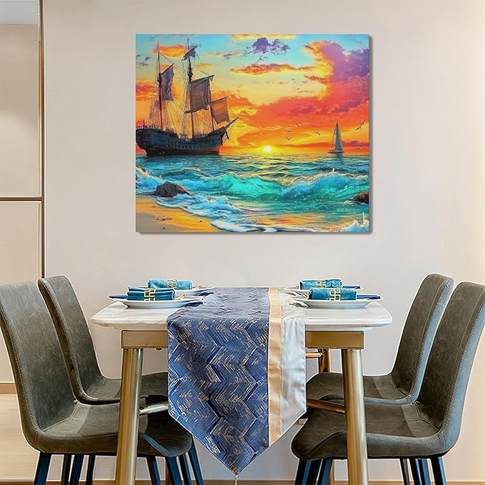 Framed Large Ship Wall Art for Living Room, Oversized Coastal Beach Boat Wall Decor Nautical Seascape Sailboat Canvas Painting Modern Artwork Home Decoration for Living Room Bedroom 60"x30"