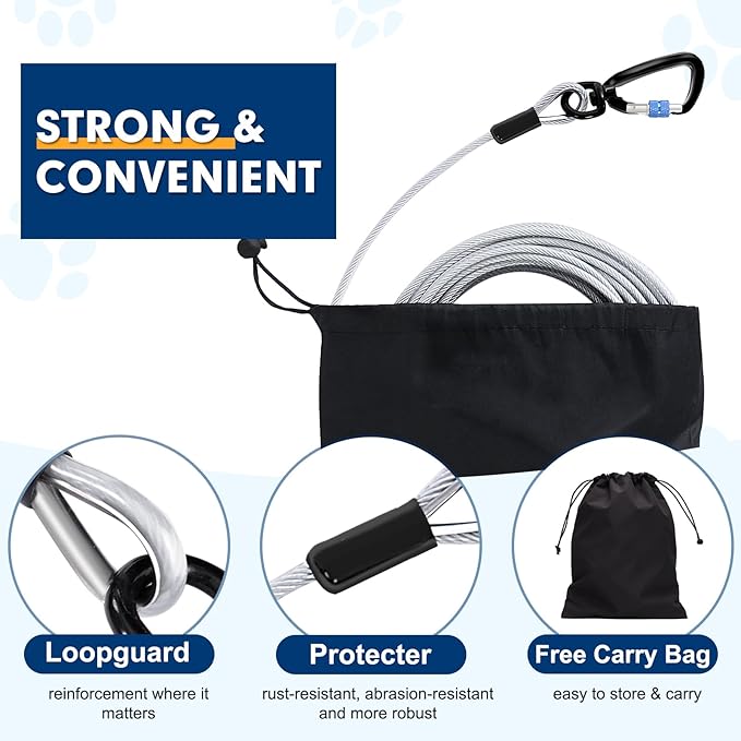 Snagle Paw Dog Tie Out Cable 30FT-1000LBS Break Strength,Heavy Duty Dog Leads for Yard with Shock Absorbing Spring & Swivel Hook,Long Leash Cable for Outdoor Tethering,Dog Line for Small Large Dogs