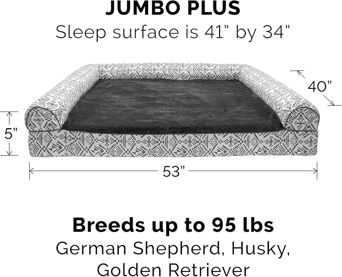 Furhaven Orthopedic Dog Bed for Large Dogs w/ Removable Bolsters & Washable Cover, For Dogs Up to 125 lbs - Plush & Southwest Kilim Woven Decor Sofa - Boulder Gray, Jumbo Plus/XXL