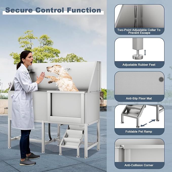 50" Pet Dog Bathing Station, Stainless Steel Dog Bathtub W/Ramp, Floor Grate, Dog Bath Brush, Washing Gloves for Home, Professional Dog Washing Station for Pets (50 Inch Right Door)