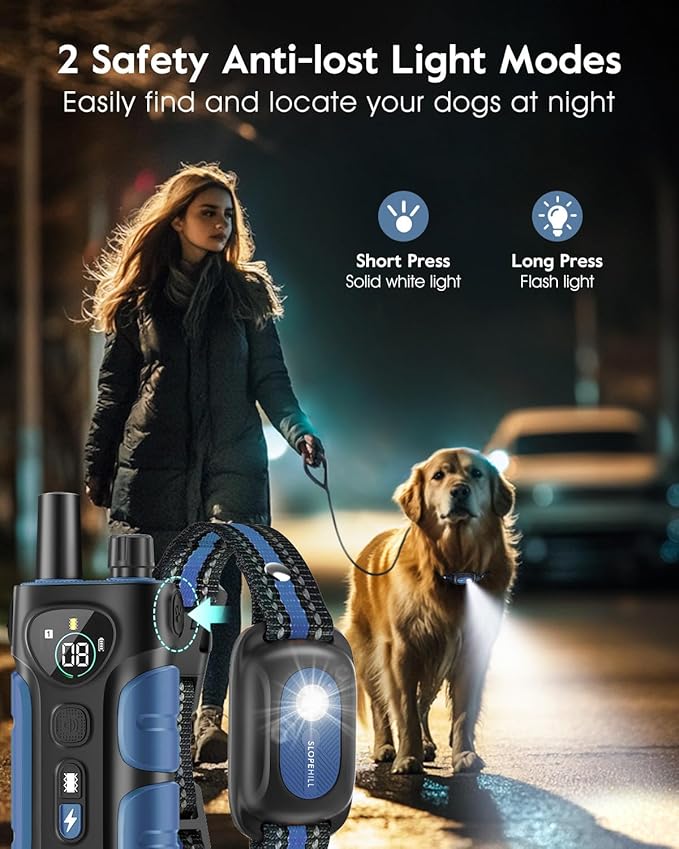 SLOPEHILL Dog Shock Collar,4200FT Dog Training Collar with Remote,IPX8 Waterproof E-Collar with Beep,Vibration,Shock,Flash Light,No Shock Mode,Electric Shock Collar for Small Medium Large Dogs,Blue