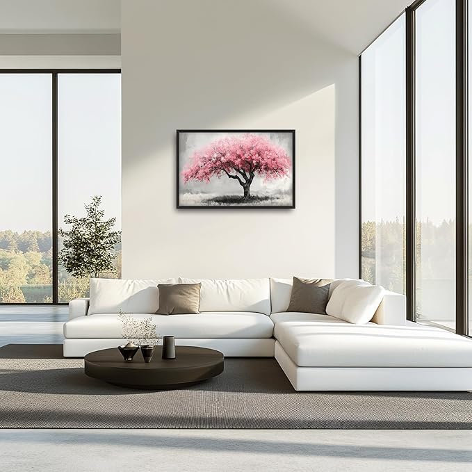 Extra Large Framed Pink Tree Wall Art,Abstract Tree of Life Wall Decor,Pink and Grey Pictures for Living Room,Canvas Print Painting Modern Artwork Bedroom Office Bathroom Home Decor 36L x24W