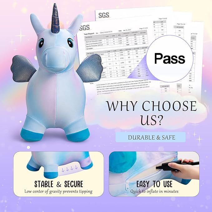 EVERICH TOY Unicorn Bouncy Horses Inflatable Plush Hopping Toy Bouncing Hopper Animals for Toddlers,Outdoor&Indoor Bouncy Animals for Toddlers,Gift for 18 Months 2 3 4 Year Old (W/Pump)