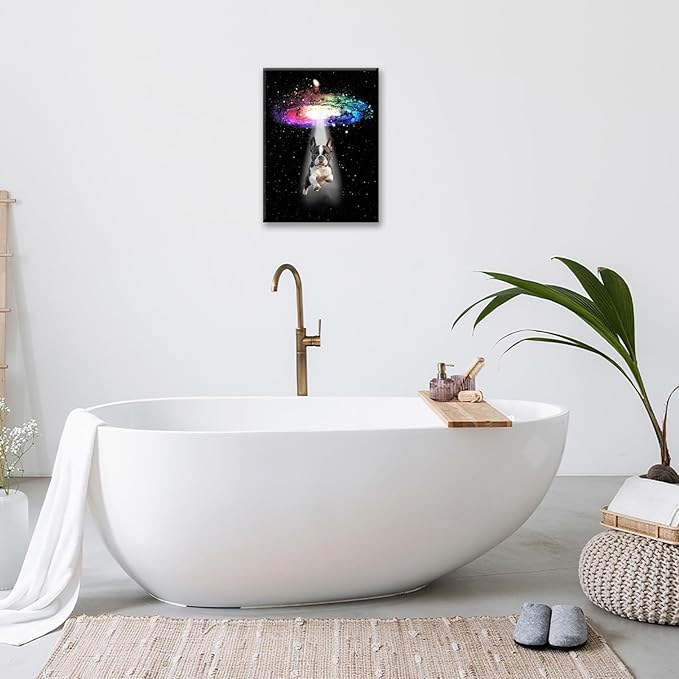Funny Dog Wall Art Canvas Boston Terrier Wall Decor Prints Framed Painting Bulldog Galaxy Pictures Gifts Artwork for Bathroom 16"x20"