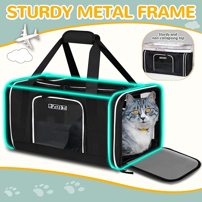 Petskd Length-Expandable Pet Carrier 17x11x9.5 Inches Alaska Airline Approved, Soft Pet Travel Carrier for Small Cats Dogs with Zipper Locks and Anti-Scratch Mesh(Black)