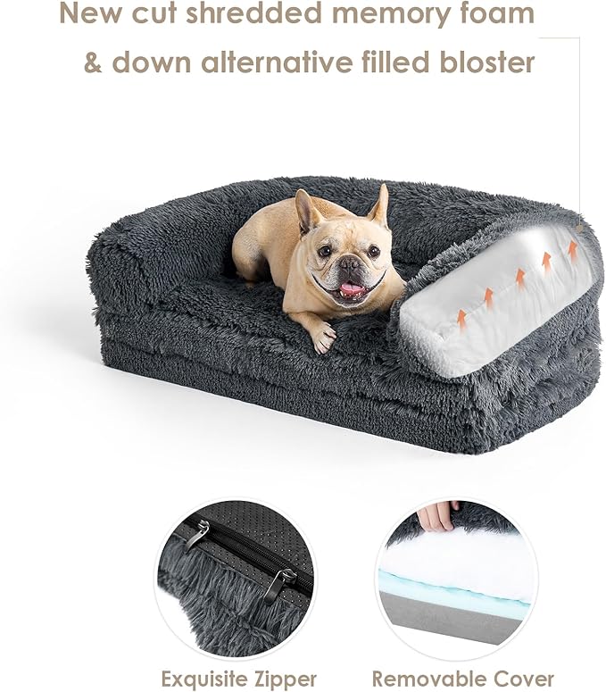 EHEYCIGA Foldable L Dog Bed, Faux Fur Fluffy Dog Couch Bed, Orthopedic Calming Memory Foam L Pet Bed for Large Dogs, Washable Soft Warm Pet Sofa Bed with Non-Slip Bottom, Dark Grey, 40"x30"x6"