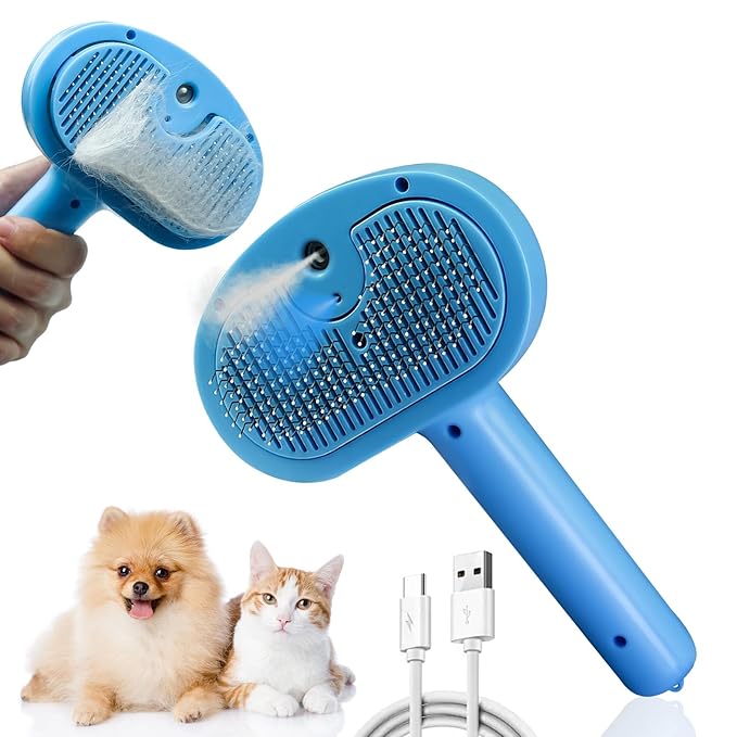 5-in-1 Pet Steam Brush for Cats & Dogs – Grooming, Shedding, Massage & One-Touch Clean for Short & Long Hair Pets – Electric Cat Brush with Comb & Steam (Blue)