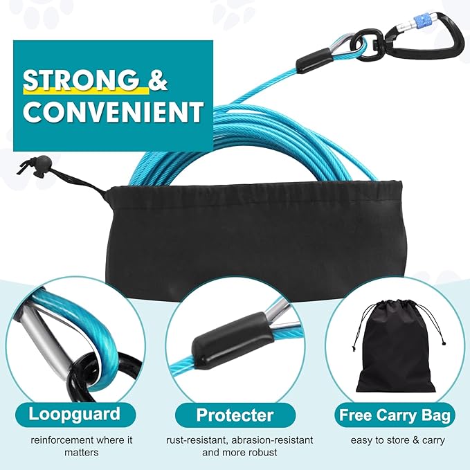 Snagle Paw Heavy Duty Long Dog Leads for Yard 200FT-1000LBS Break Strength,Dog Tie Out Cable with Swivel Lockable Hook & Spring,Chew Proof Dog Chain for Outside,Dog Run Cable for Medium Large Dogs