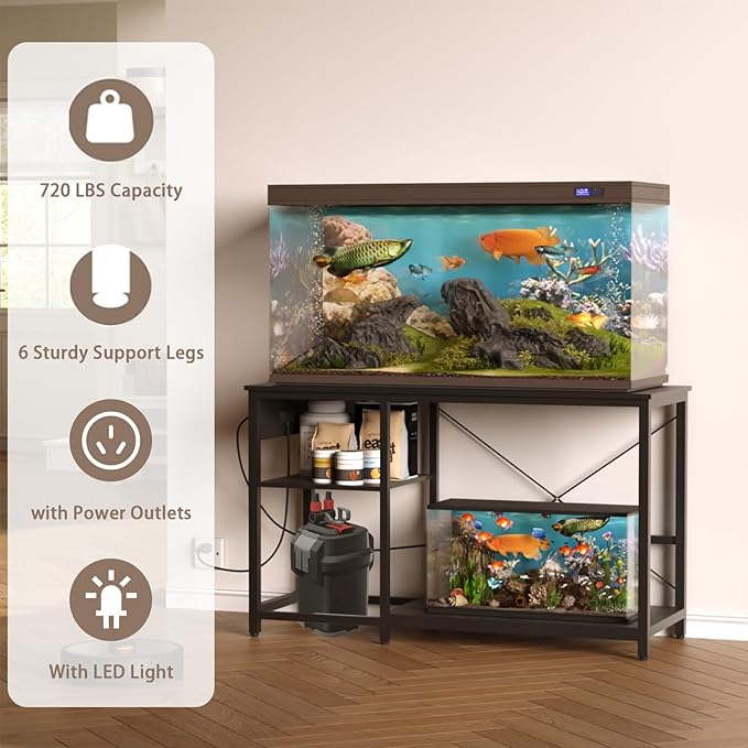 50-75 Gallon Fish Tank Stand with Power Outlet & LED Light, Metal Aquarium Stand with 3 Tier Adjustable Storage Shelves, Tank Stand for Reptile Tank, Turtle Tank, 52" L*19.5" W, Black
