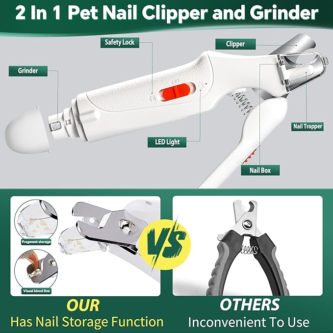 2 in 1 Dog Nail Clippers and Grinder with Lights & Cat Nail Clipper for Large Medium Small Dogs Cats Nail Trimmers USB Rechargeable with 2 LED Lights Dog Claw Care for Non-Black Nails