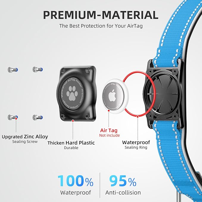 Airtag Dog Collar - 100% Waterproof Air tag Dog Collar Holder for Apple AirTag, Reflective, Soft Padded, Everlasting, GPS Dog Collar for Small Medium Large Dogs (Blue, L)