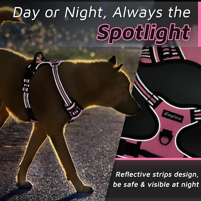 Eagloo Dog Harness for Large Dogs, No Pull Service Vest with Reflective Strips and Control Handle, Adjustable and Comfortable for Walking, No Choke Pet Harness with 2 Metal Rings, Pink, L