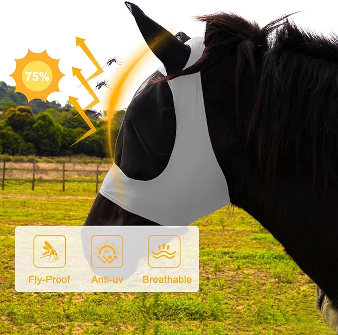 2 Piece Horse Fly Mask with Ears, Comfortable Fit Stretch Fabric Big Eye Space Soft Breathable with UV Protection for Full Horses (Purple-Gray)