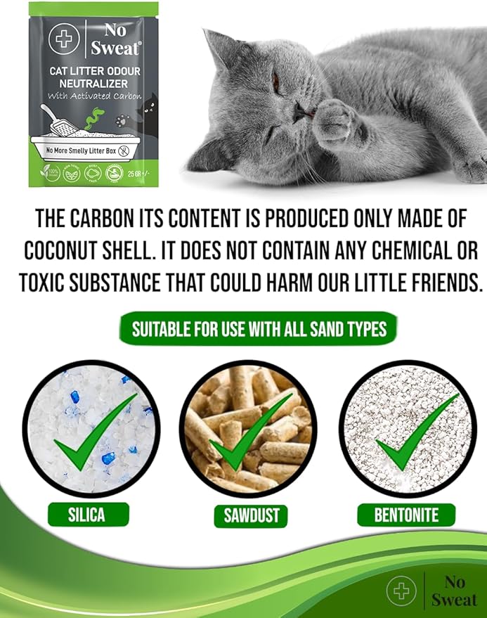 No Sweat Activated Carbon Cat Litter Odour Neutralizer- Made Of Coconut Shell -All Natural - None Chemical,Toxic Ingredients- Non-Scented-Planet Friendly-Disposable 10 Packs in One Box 250 GR