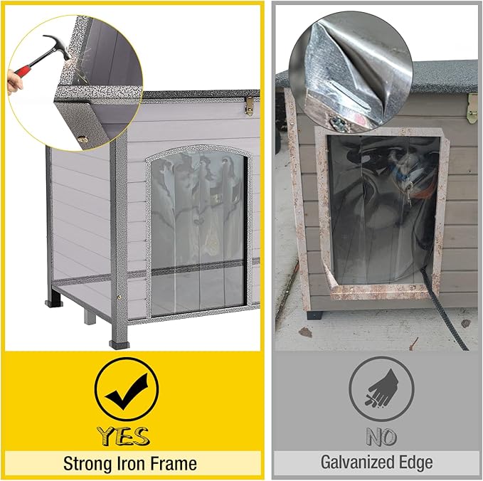 Aivituvin Large Dog House Outdoor Indoor Weatherproof Dog House for Small & Medium & Large Dogs with Unique All-Around Iron Frame＆Raised Feet（Grey）