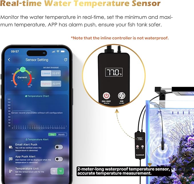 GLOWRIUM Saltwater Aquarium Light, Smart Reef Coral Fish Tank Light with Bluetooth + WiFi Dual Control App, DIY Spectrum, Brightness Adjustable, Anti-Drop, Real Time Water Temperature Sensor(30-36 in)