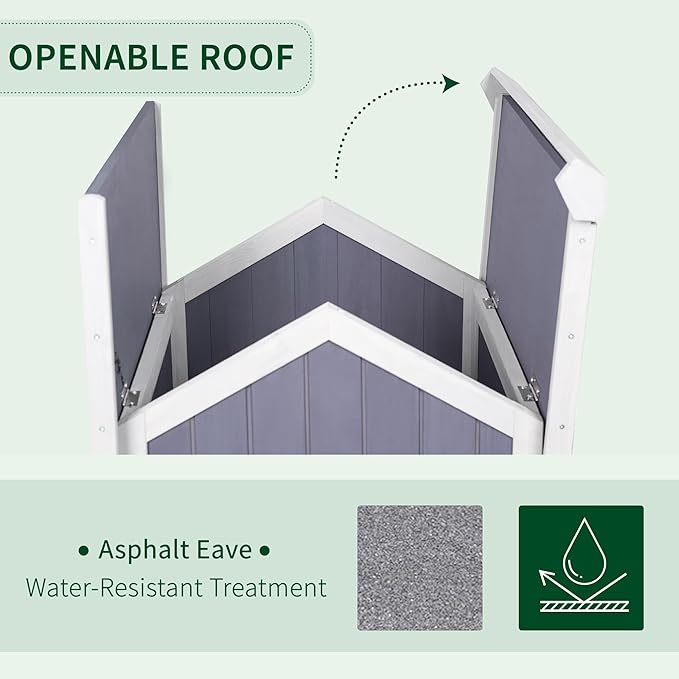 GEGURI Outdoor Cat House Weatherproof, Wooden Two-Story Feral Cat Shelter with Openable Roof, Escape Door, Balcony