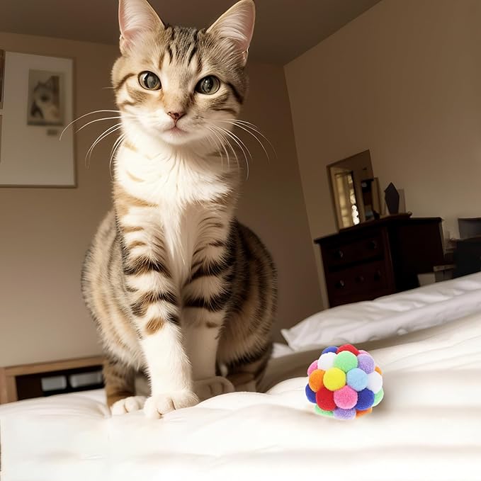 9PCS Cat Toy Balls, 1,75'' Soft Pom Pom Ball for Kittens, Colorful Soft Fuzzy Balls Built-in Bell for Cats, Interactive Playing Chewing Toys for Indoor Cats and Kittens, Cute Kitten Kitty Toys
