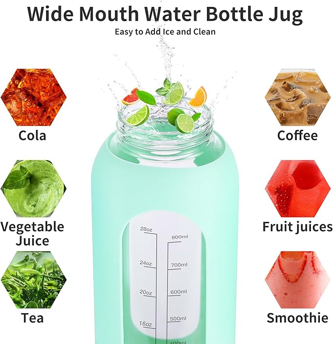 32 oz Glass Water Bottle with Straw and Handle, Sports Motivational Water Flask with Silicone Sleeve, Large Leakproof Water Flask Cup with Time Marker for Travel, Gym, Black