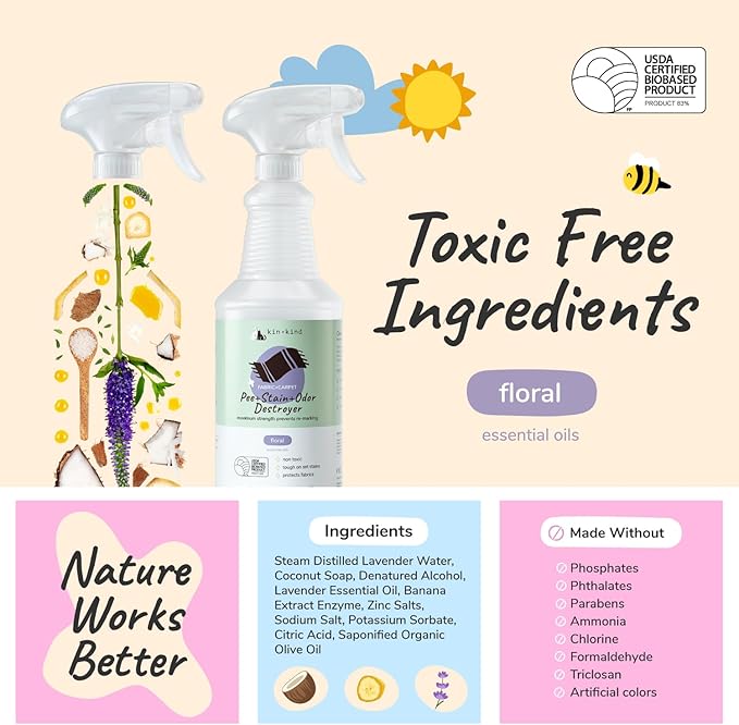 kin+kind Pet Odor Eliminator for Home - Litter Deodorizer, Pet Urine Odor Eliminator Spray and Stain Remover Spray for Harwood Floods, Carpet and Fabric - Pee, Odor and Stain Destroyer 32 fl oz