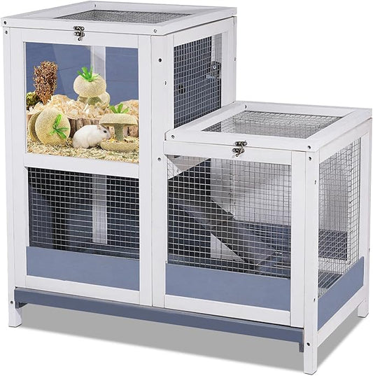 2-Story Guinea Pig Cages Wooden Indoor Rabbit Hutch Hamster Cage with Openable Roofs, Removable Tray and Wide Ramp, Small Animal Habitats for Hamsters, Guinea Pig, Ferrets, Hedgehog