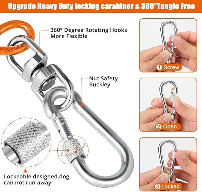 jenico Dog Tie Out Cable, 10/15/20/30/40/50/70/100/150FT Runner Cable with Swivel Hook and Shock Spring, Dog Leash Run Tether for Yard Outdoor and Camping,for Small to Medium Pets Up to 500 LBS