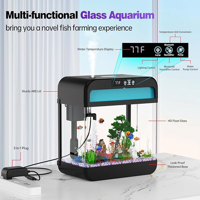 Fish Tank 2.2 Gallon Fish Aquarium with Music Humidifier 7 Color Auto-Looping Light Adjustable Water Pump with Filtration & Aeration & Circulation, Temperature Display, Bottom Water Changer