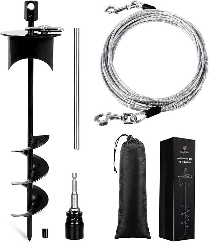 Snagle Paw Dog Tie Out Cable & Stake with Lock Cap - 20ft Heavy Duty Rust Proof Cable, 360° Swivel Dog Yard Leash & Stake Up to 220 lbs - Ground Anchor for Yard, Beach, Camping & Outdoor Use