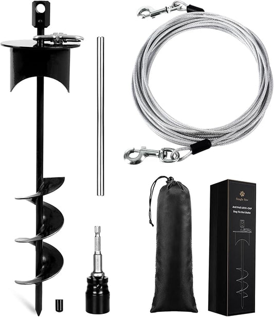 Snagle Paw Dog Tie Out Cable & Stake with Lock Cap - 20ft Heavy Duty Rust Proof Cable, 360° Swivel Dog Yard Leash & Stake Up to 220 lbs - Ground Anchor for Yard, Beach, Camping & Outdoor Use