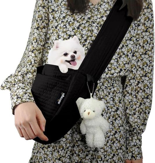NATUYA Small Dog Carrier Sling Cat Sling-Dog Slings for Carrying Small Dogs-Adjustable Strap Hand Free Pet Puppy for Outdoor Traveling Subway (Black, Canvas)