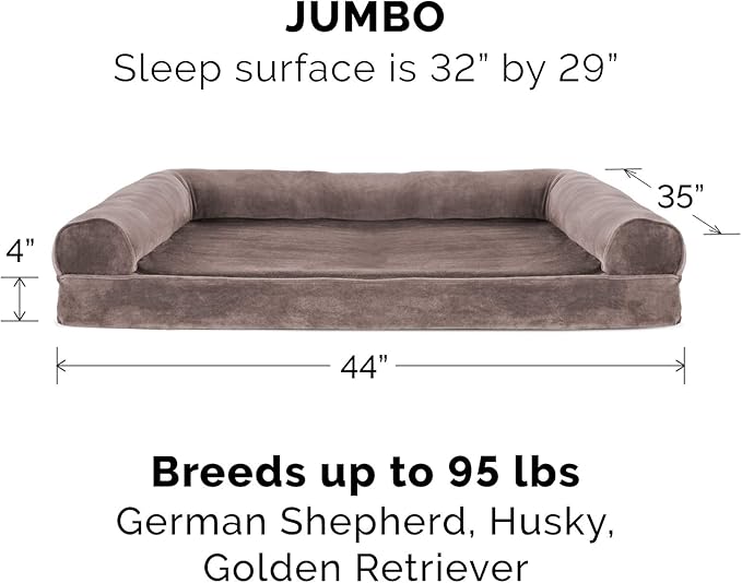 Furhaven Orthopedic Dog Bed for Large Dogs w/ Removable Bolsters & Washable Cover, For Dogs Up to 95 lbs - Faux Fur & Velvet Sofa - Driftwood Brown, Jumbo/XL
