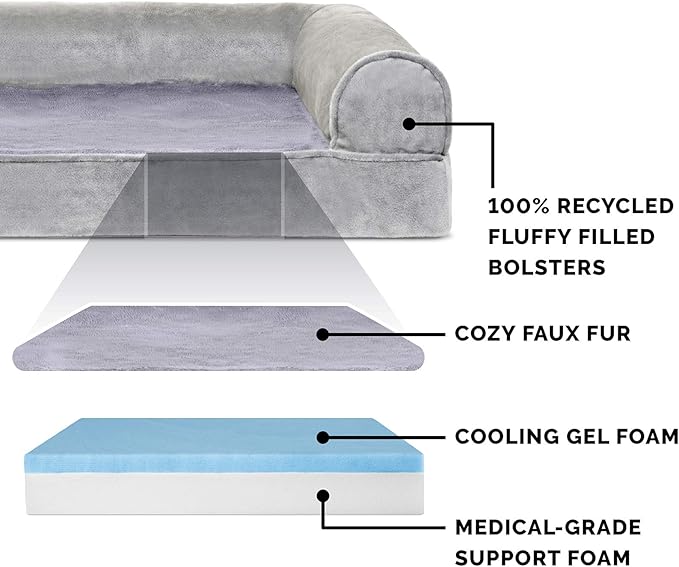Furhaven Cooling Gel Dog Bed for Large Dogs w/ Removable Bolsters & Washable Cover, For Dogs Up to 95 lbs - Faux Fur & Velvet Sofa - Smoke Gray, Jumbo/XL
