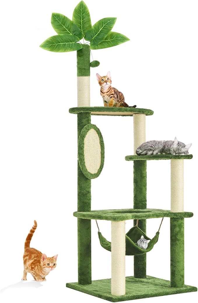 55 Inch Large Cat Tree Tower for Indoor Cats with Hammock Green Leaves Sisal Scratching Post, Plush Hang Ball Play Furniture for Kittens & Adult Cats,New Green