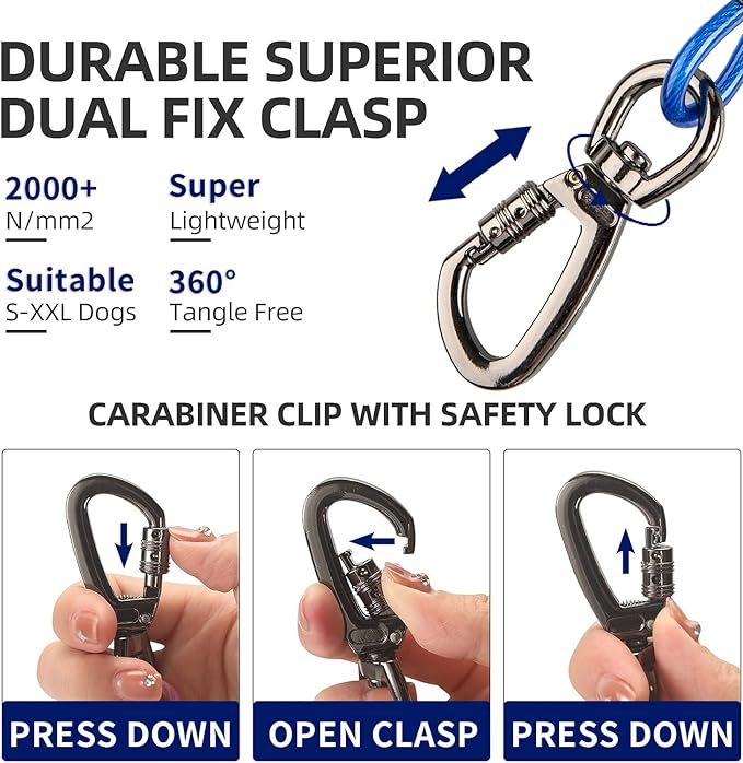 Dog tie Out Cable, 10/20/25/30/50/70/100 feet, Suitable for Dogs up to 350 pounds, Dog Cable with Swivel Buckle, Lightweight, Non-Winding, for Outdoor Camping, Yard Dog Cable (Blue, 10FT)