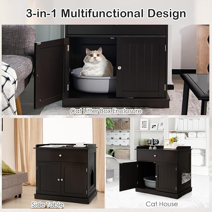 PETSITE Cat Litter Box Enclosure, Large Cat Washroom End Table with Drawer & 2 Doors, Wooden Cat House Storage Cabinet, Hidden Litter Box Furniture, Brown