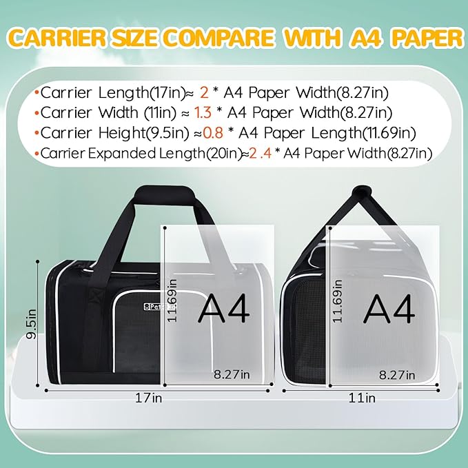 Petskd Length-Expandable Pet Carrier 17x11x9.5 Inches Alaska Airline Approved, Soft Pet Travel Carrier for Small Cats Dogs with Zipper Locks and Anti-Scratch Mesh(Black)