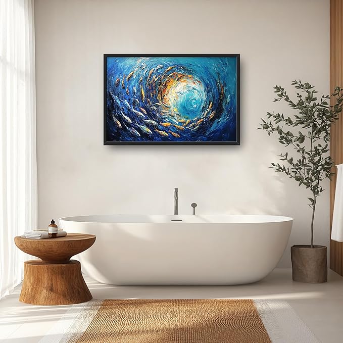 Extra Large Framed Abstract Ocean Fish Wall Art,Oversized Blue Sea Nautical Fish Wall Decor Pictures for Living Room,Canvas Print Painting Modern Artwork Bedroom Office Bathroom Home Decor 36L x24W