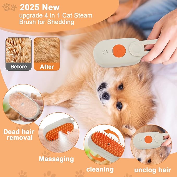 4 in 1 Cat Steam Brush Cat and Dog Anti-Static steam Brush with Spray for Massaging,cleaning,Shedding,Grooming,Rechargeable Pet Grooming Brushes(white brush)