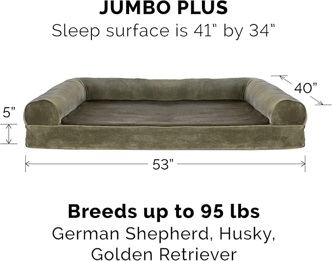 Furhaven Orthopedic Dog Bed for Large Dogs w/ Removable Bolsters & Washable Cover, For Dogs Up to 125 lbs - Faux Fur & Velvet Sofa - Dark Sage, Jumbo Plus/XXL