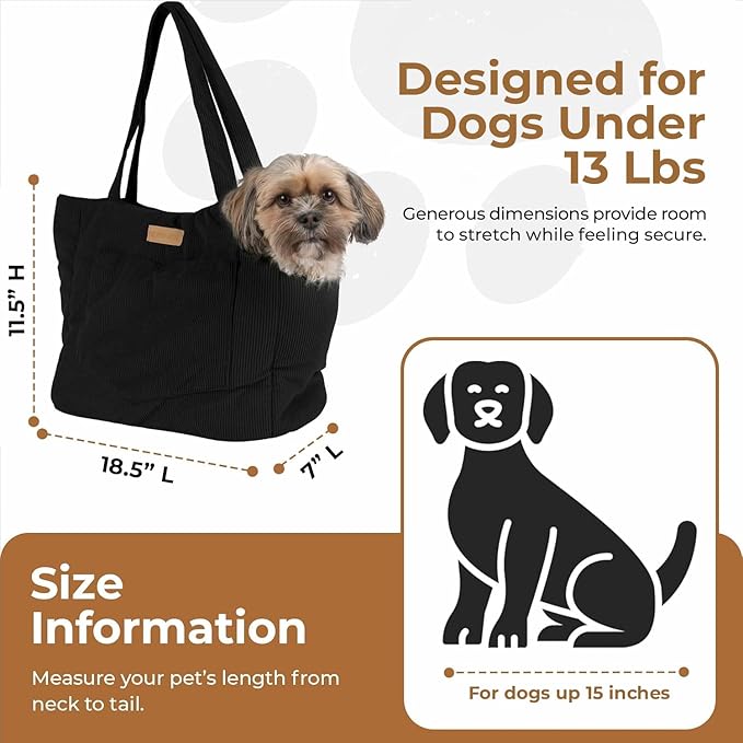 Corduroy Dog Carrier - Lightweight Cotton Soft-Sided Pet Tote with Safety Harness Clip - Breathable Travel Carrier for Small Dogs and Puppies (Black)