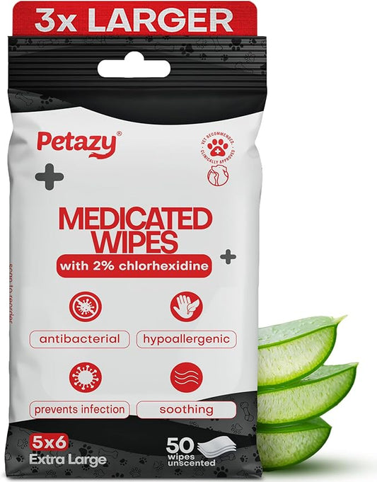 2% Chlorhexidine Wipes for Dogs 3X Larger | Yeast Infection Ringworm Fungus Hot Spot Itch Relief | Medicated Antibacterial Antifungal Extra Gentle Soothing Topical Wipes for Dog Cat | 50 Wipes