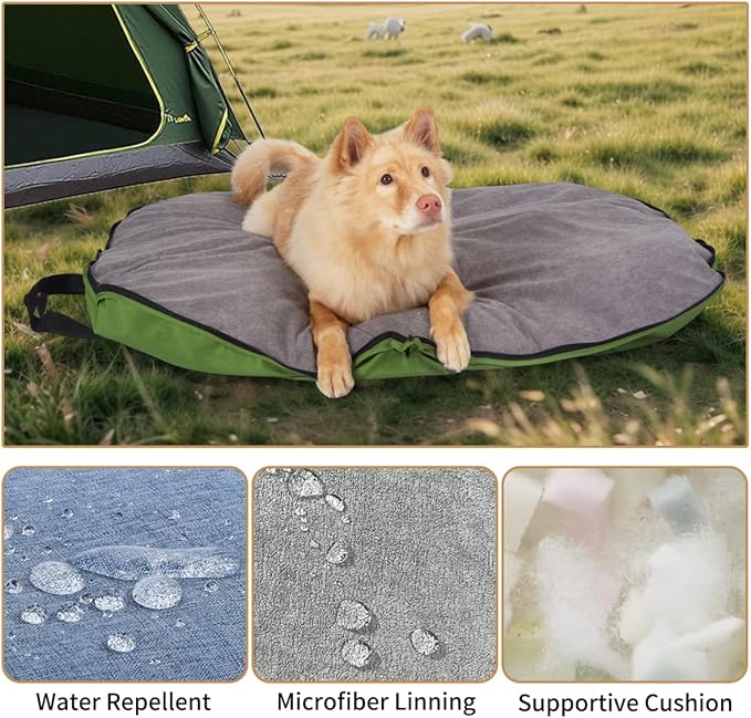 Portable Waterproof Dog Mat for Camping, Patio & Travel - Foldable Outdoor Dog Bed with Teflon Shell & Removable Plush Pad - Easy Clean, Durable - L (Hemp Grey)