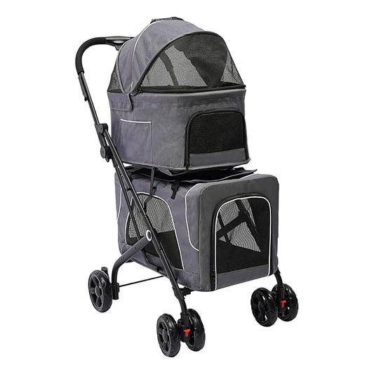 2 Tiers Pet Stroller,4 Wheel Dog Stroller Cat Strollers,3.07lbs Pet Gear Foldable Jogger Travel Cart,Grey Cat Carrying Cart with Storage Basket for Small Medium Pet (Grey)