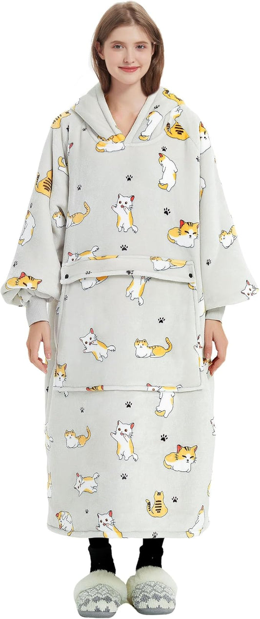 KFUBUO Wearable Blanket Hoodie for Adults Long Sherpa All Patterns Cat Oversized Sweatshirt Blanket with Pockets Birthday Gifts for Women
