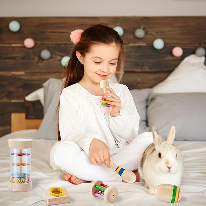 6 Pcs Wooden Bunny Toys - Safe Rabbit & Guinea Pigs Teeth Grinding Toys for Chinchillas, Hamsters & Small Animals - Indoor & Outdoor