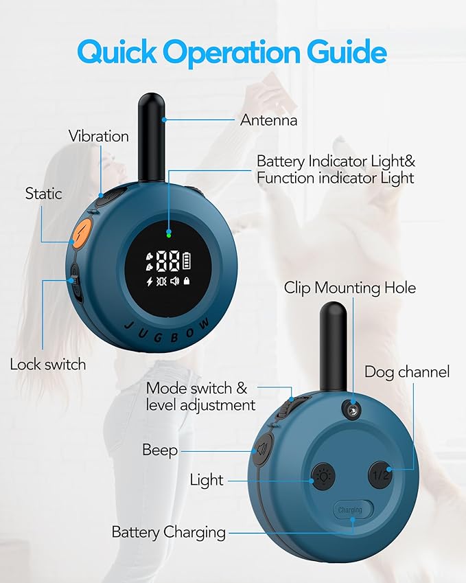 Jugbow Dog Shock Collar - 3/4 Mile Dog Training Collar with Remote for Large Medium Small Dogs, Rechargeable IPX8 Waterproof E-Collar with 3 Training Modes, LED Light & Security Lock (Blue)