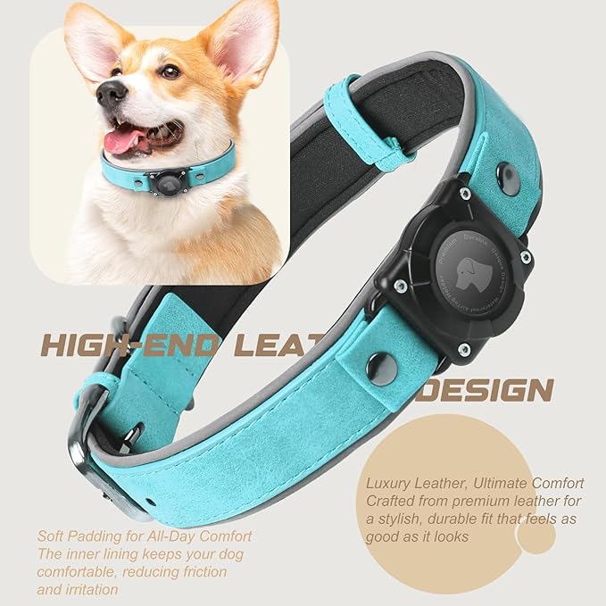 AirTag Dog Collar - Leather Dog Collar with Air Tag Holder | IPX8 Waterproof, Reflective, High - End, Adjustable Soft Padded | Dog GPS Tracker Collars Fit for Medium Large Dogs (Light Blue, L)