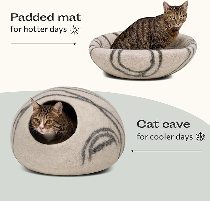 MEOWFIA Cat Cave – Premium Felt Cat Bed for Indoor Cats, Handmade 100% Merino Wool (Light Shades) (Large, Light Grey)