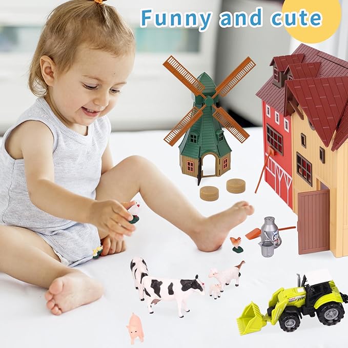 Farm Animals Figurines Toys -140 pcs Toy Set Barn Toy Horse Stable Tractor Trailer Windmill Farmer Fence Playset for Kids Toddlers Boy Girl 3-7 Years Old