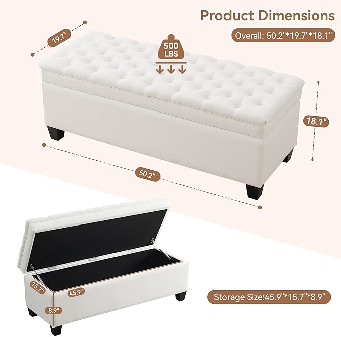 51" Fabric Storage Ottoman Bench, Upholstered Rectangle End of Bed Storage Ottoman Tufted Living Room Bedroom Bench with Safety Hinge, Solid Wood Legs, Loads 500 lb(Beige)